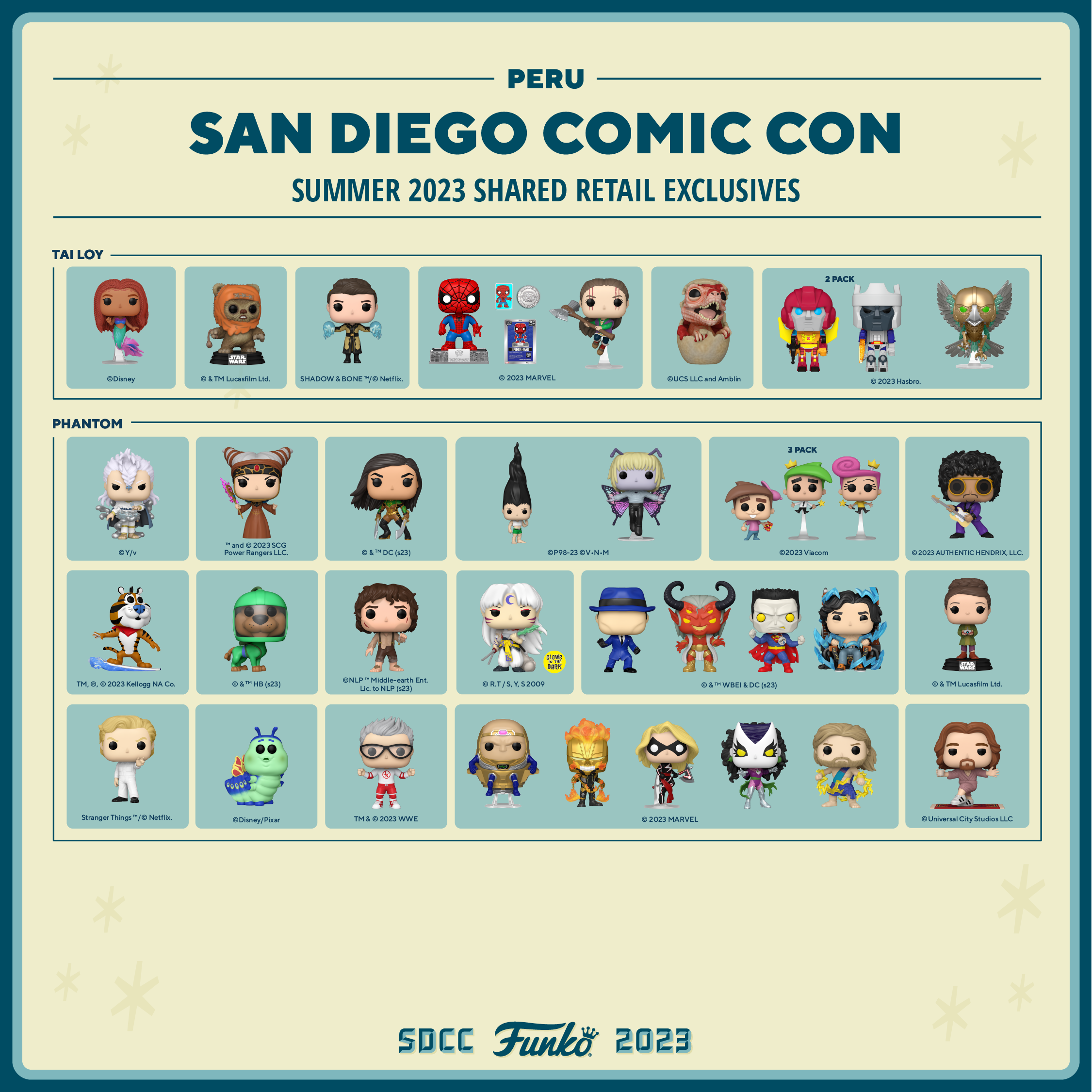 This just in from the Funkoville Visitor's Center, here is the 2023 SDCC Shared Retailer Guide for Peru!